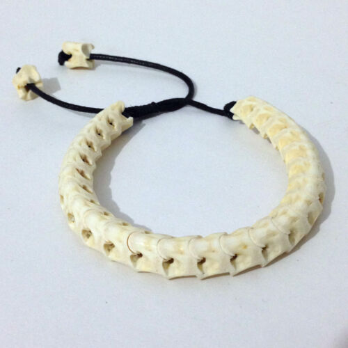 Genuine Rattle Snake Bone Skeleton White with Cotton Rope Adjust Pull Bracelet - Picture 1 of 5