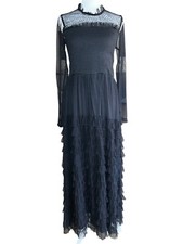 RENE DERHY Paris Goth Polka Dot Black Lace Layered Tulle Maxi Dress Sz S French