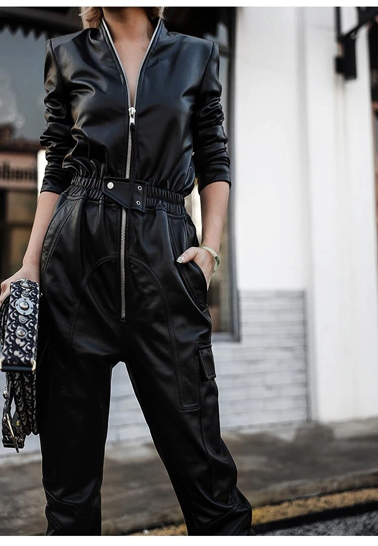 Streetwear Black Faux Leather Jumpsuit Women's Elastic Waist Zip