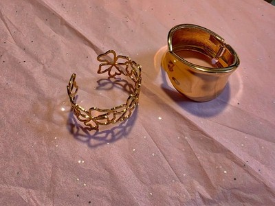 2pc Gold Stainless Steel Wide Open Cuff Bangle Bracelets Flower Cutout Stackable