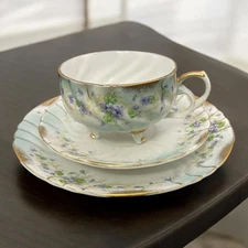 VTG Lefton’s Heirloom Violet Gilded 3 Piece China Tea Cup Saucer Dessert Plate