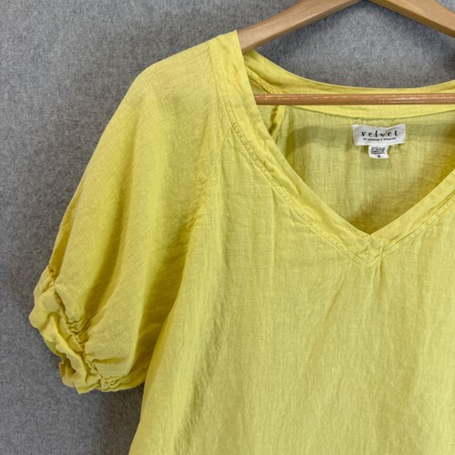 Velvet Graham & Spencer Linen Top Yellow Short Sleeve VNeck Blouse Cottage Small - Picture 5 of 14