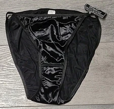 Vtg NWT Satin Panty String Bikini Stretch Glossy Black Size 5  