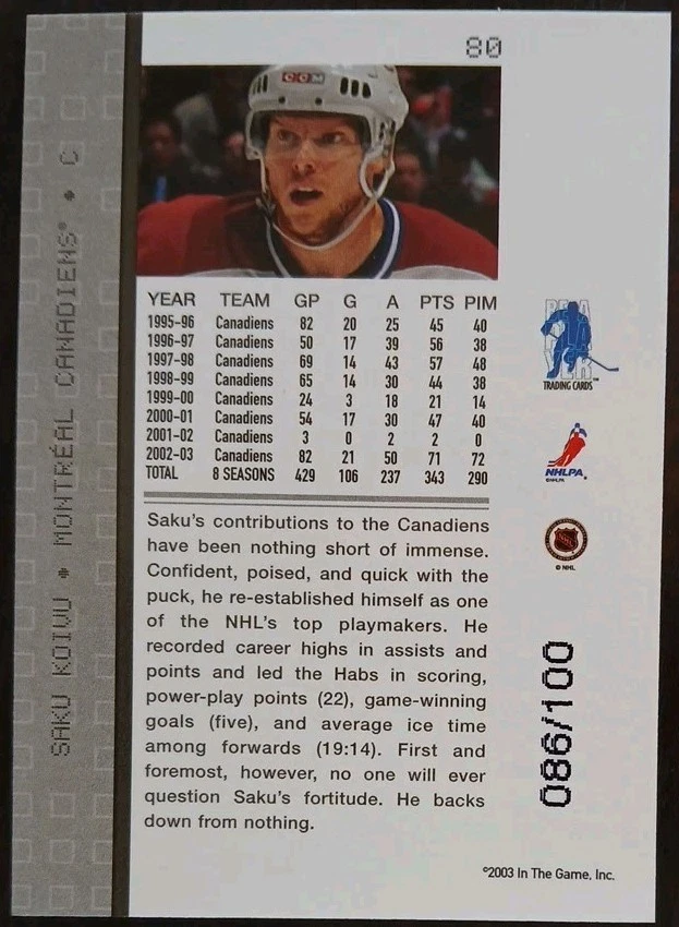 2003 - 2004 ITG Be A Player Saku Koivu Memorabilia Sapphire /100 #80 - Image 2 of 2