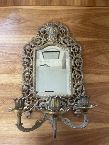 Antique Devil Satyr Occult Wall Mirror Brass Candle Holder Gothic Paganism B&H