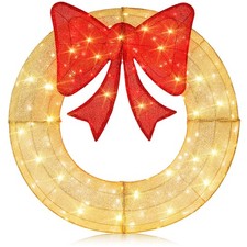 48 Inch Pre-Lit Christmas Wreath with 200 LED Lights Red Bow Hanging Hooks