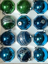 12 Vintage Holly Glass Christmas Ornaments Striped & Solid Made in USA Boxed