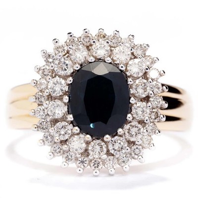 Saphir  Ring aus 585er Gelbgold mit 42 Diamanten Gr. 63 Gewicht 6,67g Vintage