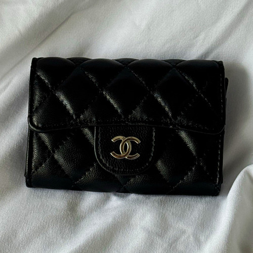 CHANEL Black Quilted CC Logo Folding Wallet for Women Solid Pattern