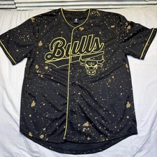 Chicago Bulls Jersey Mens 2XL Black Gold NBA Basketball Splatter Button Front