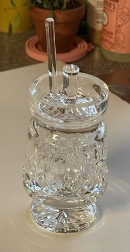 Vintage WATERFORD CRYSTAL Lismore Footed Jam Honey Jar with Lid & Glass Spoon