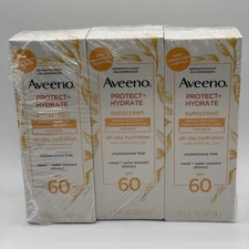 New NIB Aveeno SPF 60 Sun Protect Hydrate Face Sunscreen 2oz 3 Pack READ