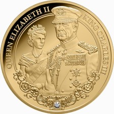 Niue 2025 Royal PORTRAITS OF POWER Elizabeth II Charles $100 1 Oz Gold w/DIAMOND 3749.21 per troy oz