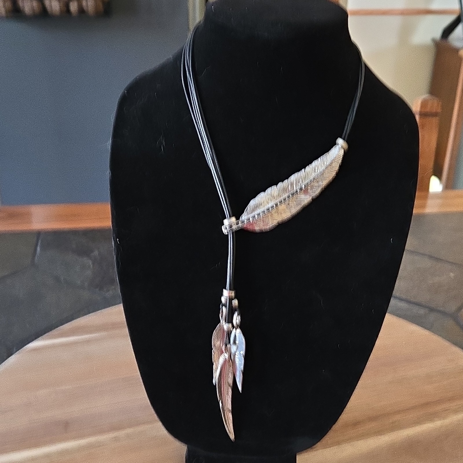 Feather Pendant Necklace Silver Black Cord Lariat Lobster Closure Nature Jewelry