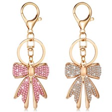 2 Pcs Cute Bow Keychain for Women, Sparkly Pink Rhinestone Bow Bag Charm Shiny G