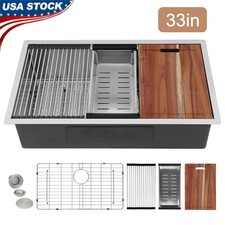 33 In Sleek Stainless Steel Kitchen Sink Undermount Single Bowl w/ Grid Strainer