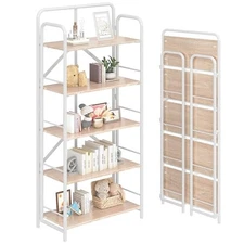  No Assembly Folding Bookshelf Collapsible Book 5 Tiers Natural and White