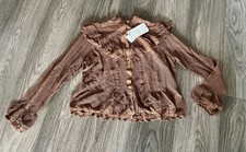 Strickjacke Cardigan Knöpfe Volant Volantabschluss Lochmuster Braun Rost Zara L