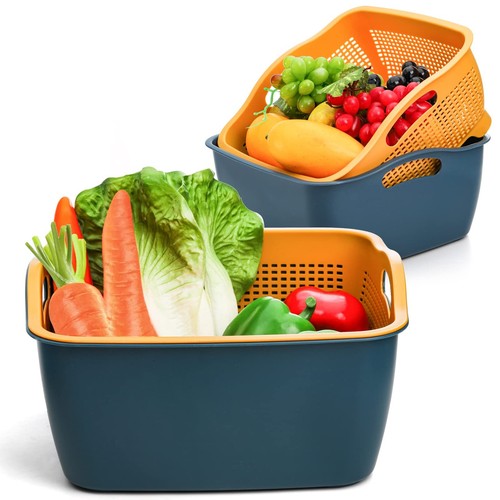2 Pack 9 & 8 Quart Large Kitchen Strainer Colander Bowl Set, Double-Layer Pla...