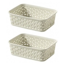 2 x Curver Plastic Storage Basket Cream Rattan Effect A6 Rectangular Tub Box