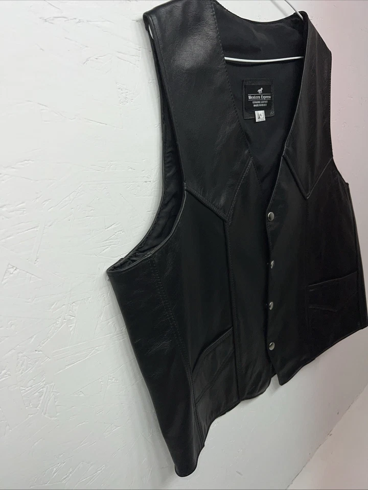 Nuevo chaleco de motociclista Western Express de cuero negro para hombre XL Q-603 Foto 2 de 4
