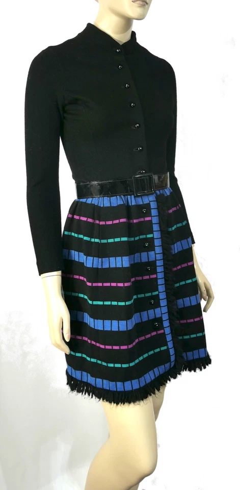 Vintage 60s Mod Go Go Wool Dress by Youth Guild Shirt Button Fringe Sz 0 XS - Image 2 of 4