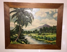 RARE Vintage Original Lloyd Van Pitterson Jamaican Artist Oil Board Landscape EX