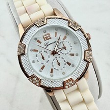 Geneva Women's Bracelet Watch With White Soft Flexible Silicone Band New Battery