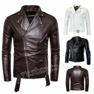 Mens Biker Faux Leather Jacket Outdoor Lapel Zipper Motorcycle Slim Fit Casual L