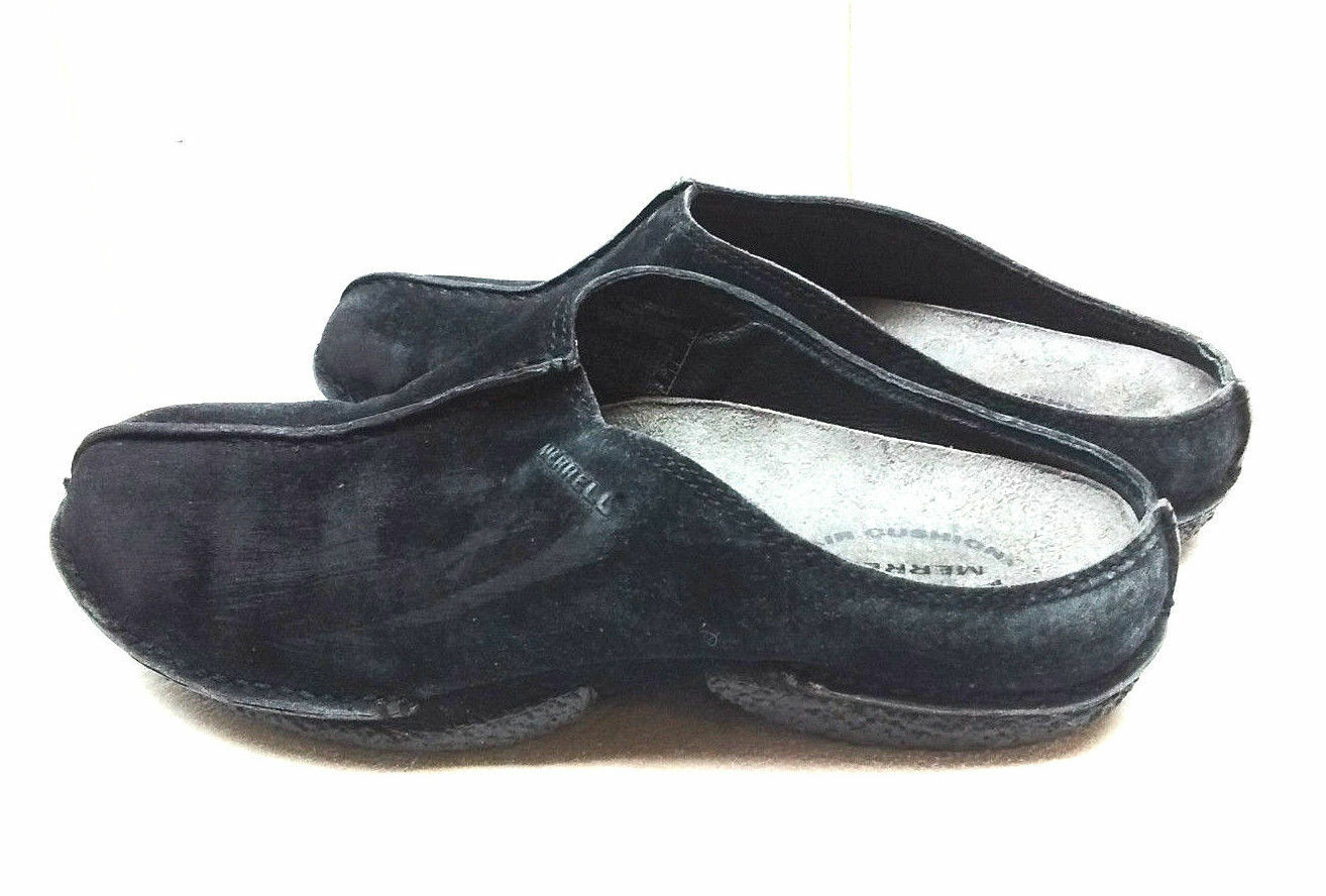 Sandalo Merrell nero pelle scamosciata slip on mule zoccolo slide punta divisa scarpe donna 7M 37 5