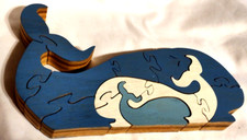 Wood Wooden 3 Ocean Whales Toy PUZZLE Blue White 7.5" Long 13 Pieces