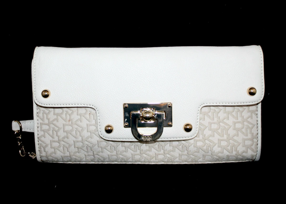 DKNY Signature Clutch Shoulder Bag Ivory Leather Beige Fabric Chain Strap