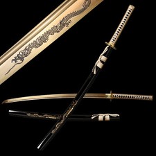 Japanese Samurai Sword Dragon Katana Full Tang Razor Sharp 1095 Steel Gold Blade