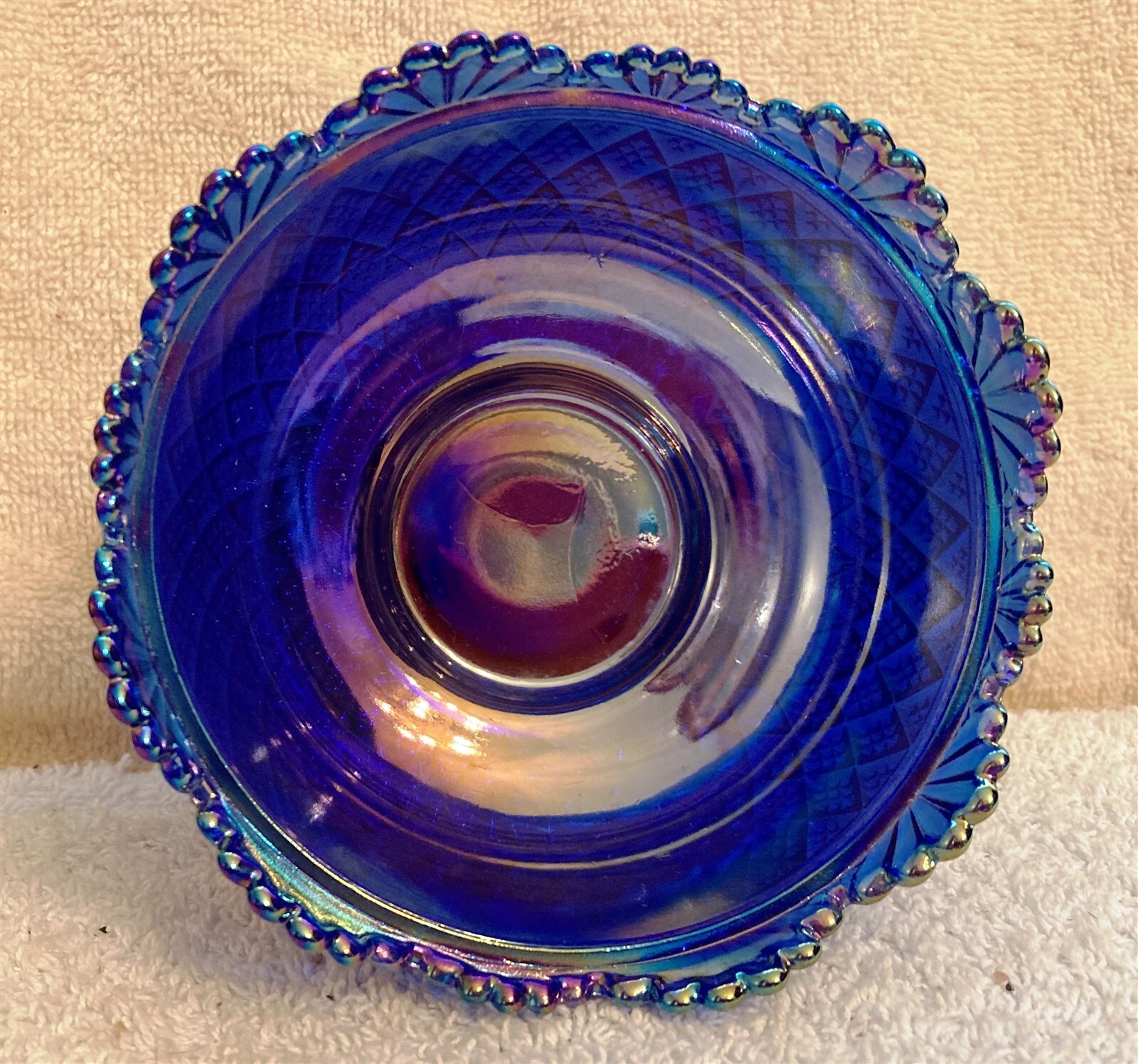 Signed Fenton Carnival Cobalt Blue Glass Pagoda Candy Dish and Lid 7