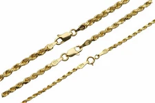 14k Yellow Gold 2mm-3mm Italy Rope Chain Twist Link Necklace 16"-30" Hollow