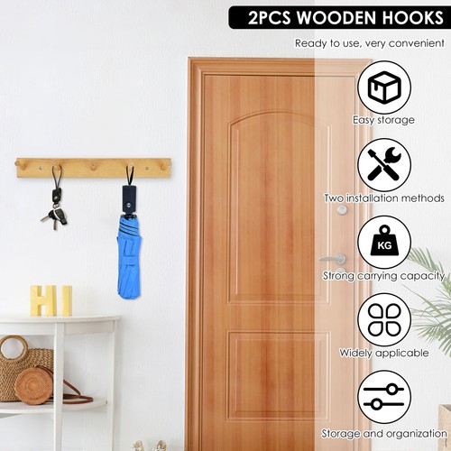 2 Pcs Wall Mounted Coat Rack Wood Wall Hook Rack with 5 Hooks for Entryway - Picture 6 of 11