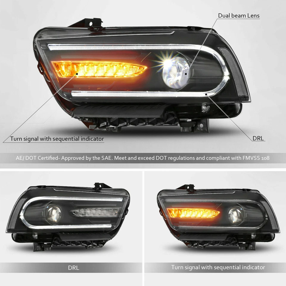 Faros de giro secuenciales LED con bombillas HID para Dodge Charger 2011-2014 Foto 2 de 4