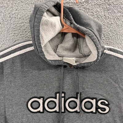 VINTAGE Adidas Hoodie Men Medium Gray Big Spellout Logo Pullover