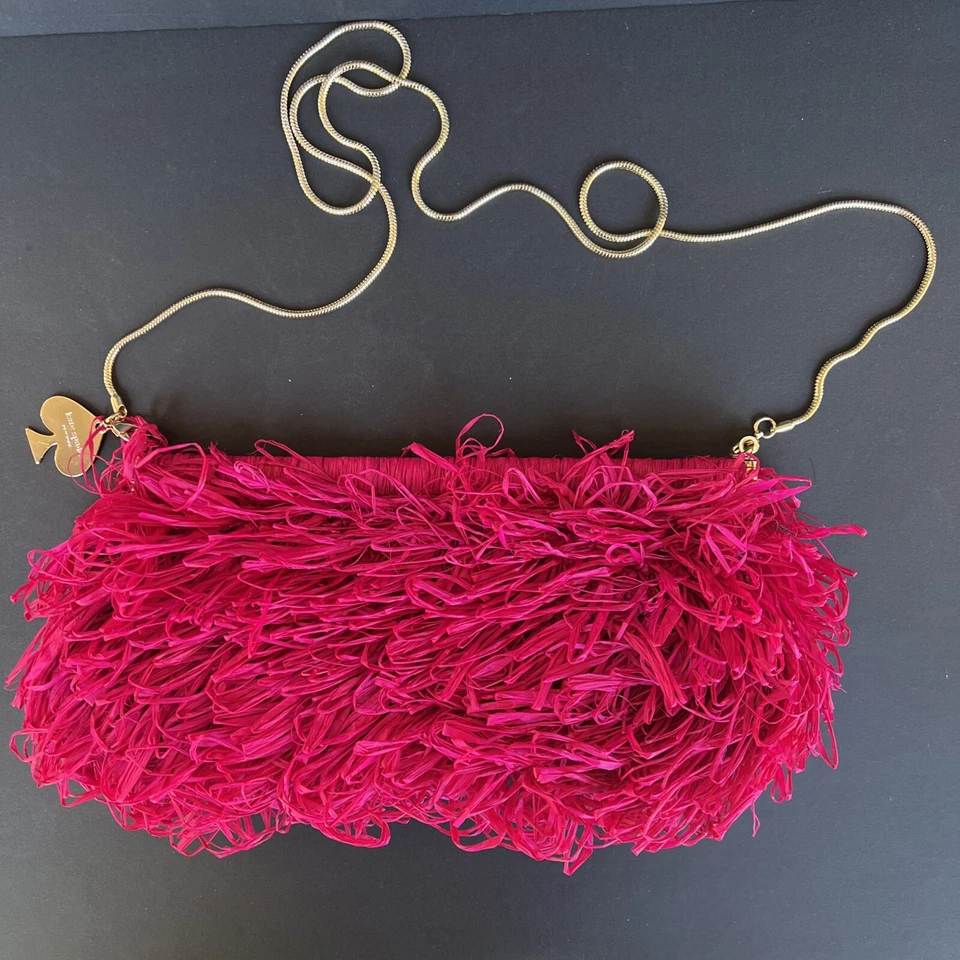 Kate Spade Small Fuschia Straw Raffia Fringe Crossbody Bag Chain Purse - Image 2 of 4