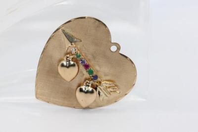 VINTAGE 14k GOLD PFEIL HERZEN BAUMELNDER CHARM ANHÄNGER 14Karat MULTI STEIN Edelsteine