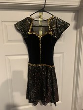 Black  Gold Dance Costume W/ Gold Sequin Accents  Black Mesh Child Size Large