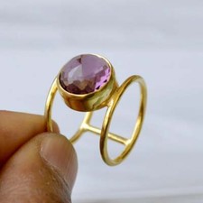 Double Band Round Cut Purple Quartz Sterling Silver Yellow Gold Plated Gift Ring