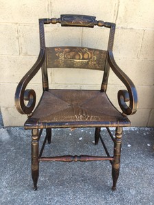 SALE-VERY-UNUSUAL-Antique-Hitchcock-ARMCHAIR-Curved-Pillow-Back-amp-Rush-Seat