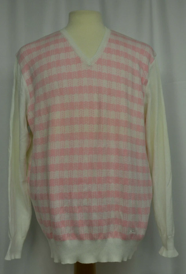 Burberry London Size XL Sweater Fine Knit V Neck Pink White Checkered Logo Italy - Image 3 of 4