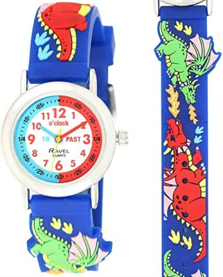 Ravel Dragon Design Time Teacher weißes Zifferblatt Kinder Jungen blau Uhr neu