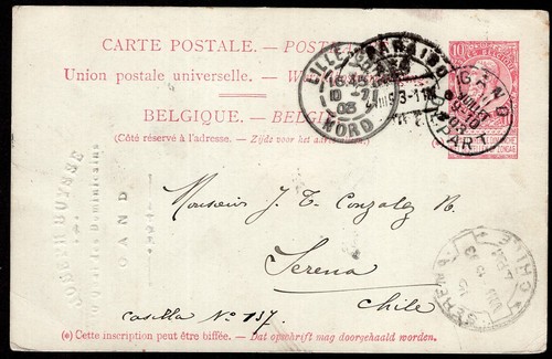 936 BELGIUM TO CHILE PS STATIONERY POSTAL CARD 1903 GAND - SERENA
