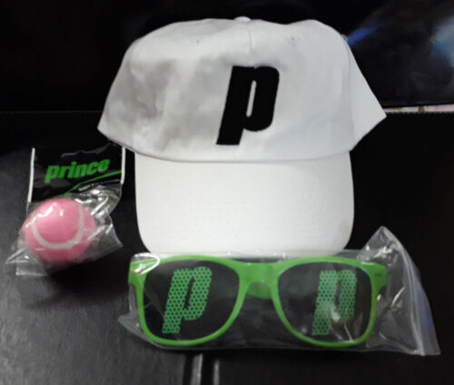 (3) Schlüsselanhänger Prince Tennis weiß verstellbare Kappe/Sonnenbrille/rosa Tennisball Set