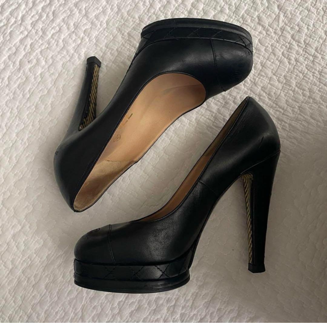 Chanel Thick Heel Pumps Black Leather With Coco Mark Size 36.5 US Abt6.5 Women thumbnail 5
