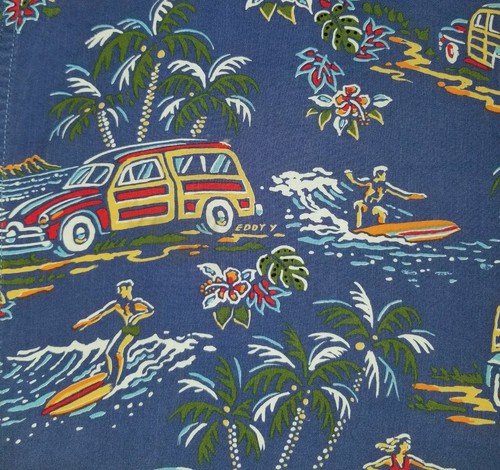 REYN SPOONER Hawaiian Aloha Shirt EDDY Y Vtg Cars Surf Blue Rayon Button Up 2XL - Picture 4 of 7