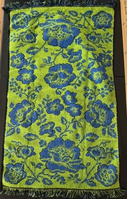  Vtg 70's Blue &  Lime Green  Floral Fringe Hand Towels 28'' x 16''